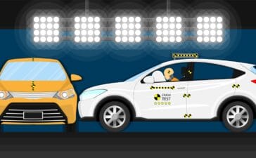 Crash test illustration with dummy inside a vehicle, used to assess safety features like driver monitoring, airbag deployment, and seatbelt systems under Euro NCAP 2026 standards